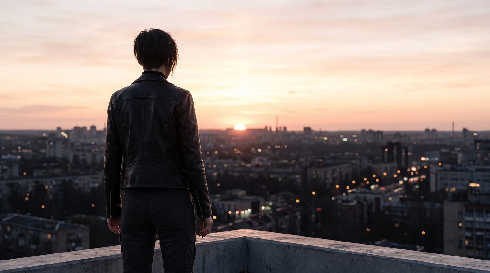Valen on a rooftop at dusk, looking out over the city
